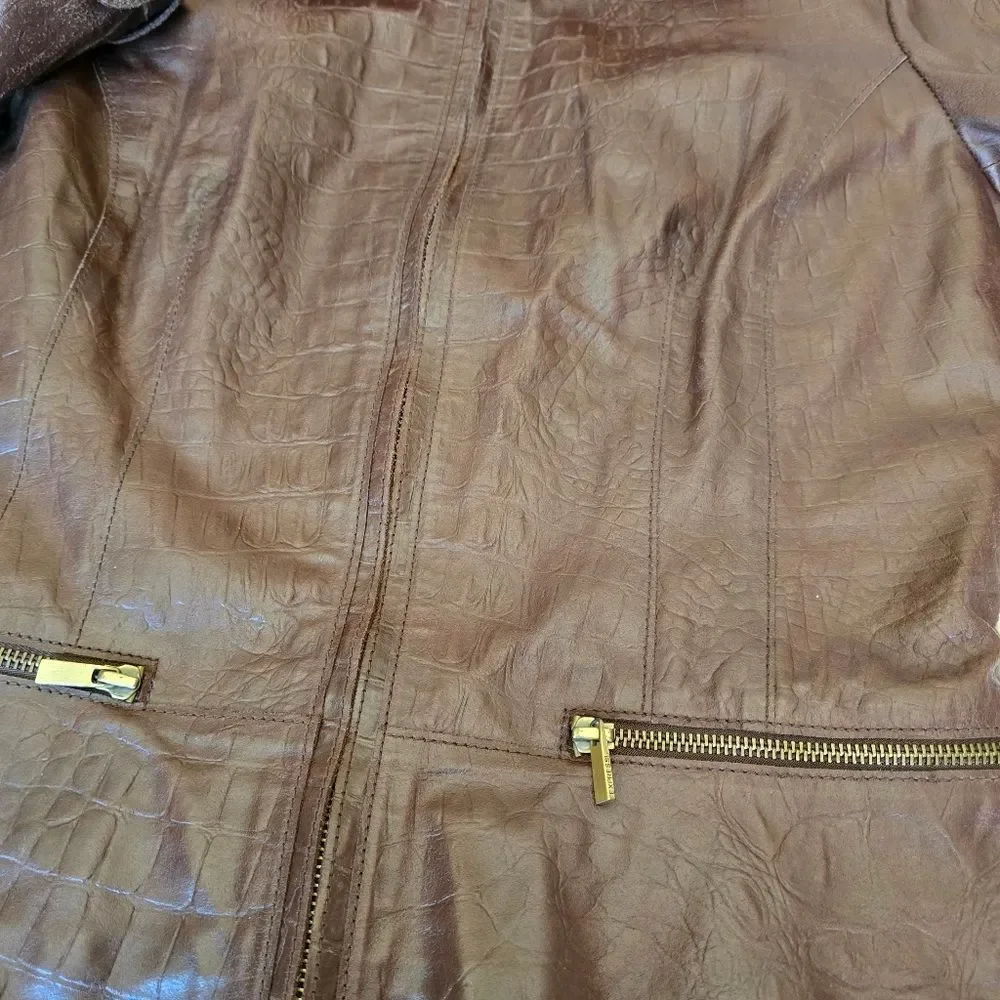 Express Genuine Leather Croc Embossed Brown Jacket Zip Size 14‎ Y2K 90s Western